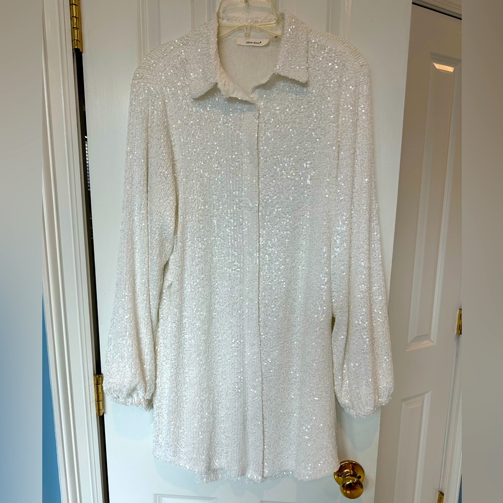 White Sequin Button-Up shirt dress